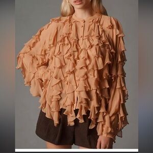 Anthropologie ruffle front peach button down blouse size L